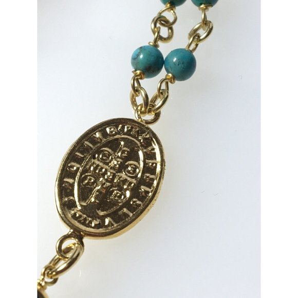 Rosary Beads Cross Necklace Gold Plated Turquoise Made in Italy - Picture 7 of 8